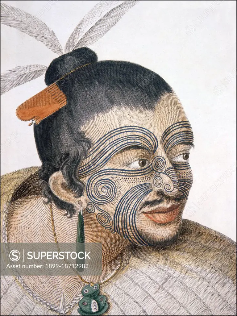 Head and shoulders portrait of a Maori man, his hair in a topknot with feathers and a bone comb, full facial moko, a greenstone earring, a tiki and a flax cloak. He has a small beard and a moustache. Sydney Parkinson (1745-1771) was the artist on Captain Cook's first voyage to New Zealand in 1769. Ta moko is the permanent body and face marking by Maori, the indigenous people of New Zealand. Traditionally it is distinct from tattoo and tatau in that the skin was carved by uhi (chisels) rather than punctured. This left the skin with grooves, rather than a smooth surface. Captain Cook wrote in 1769: 'The marks in general are spirals drawn with great nicety and even elegance. One side corresponds with the other. The marks on the body resemble foliage in old chased ornaments, convolutions of filigree work, but in these they have such a luxury of forms that of a hundred which at first appeared exactly the same no two were formed alike on close examination'. The tattooists were considered tap