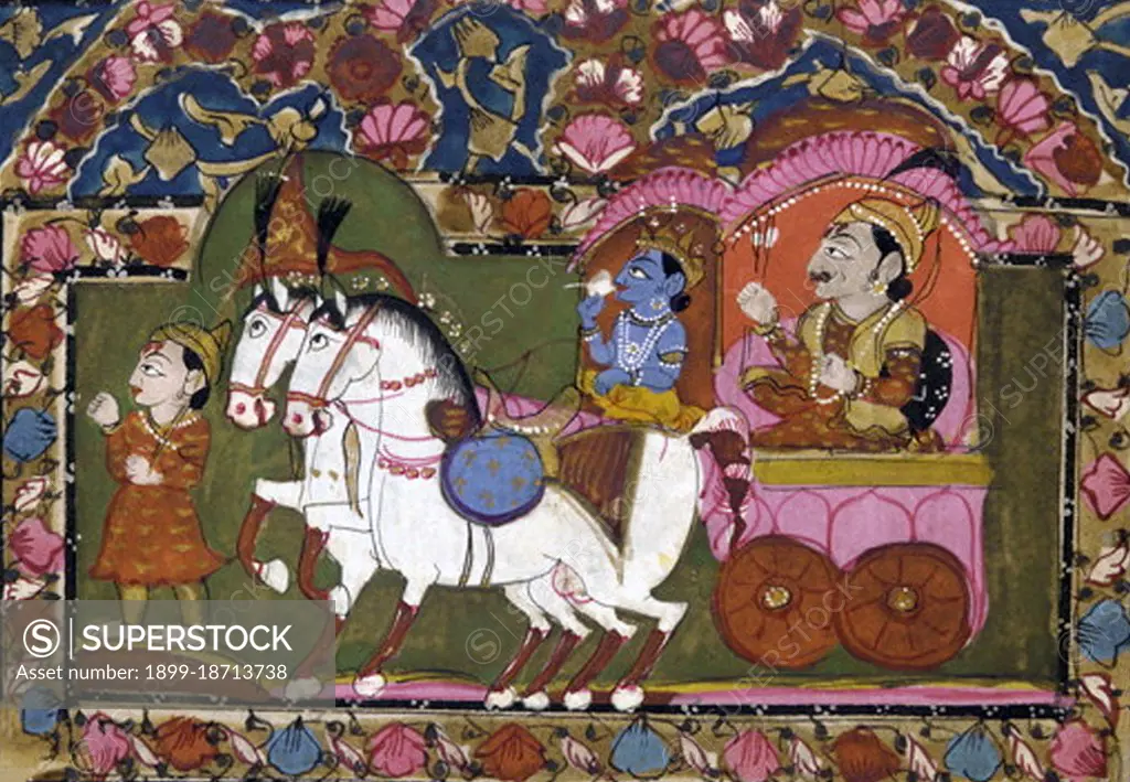 This famous scene from Hindu mythology features the god Krishna with his cousin, Prince Arjuna, on a chariot heading into war against each other. Taken from the scripture, 'Bhagavad Gita', or 'The Gita', it is a classic tale of duty and morality set around Krishna's defeat of Arjuna in the Kurukshetra War.  Krishna also appears in various other events in the Hindu epic 'Mahabharata'. He is usually depicted as blue skinned, and is often portrayed as a mischievous young boy playing a flute.