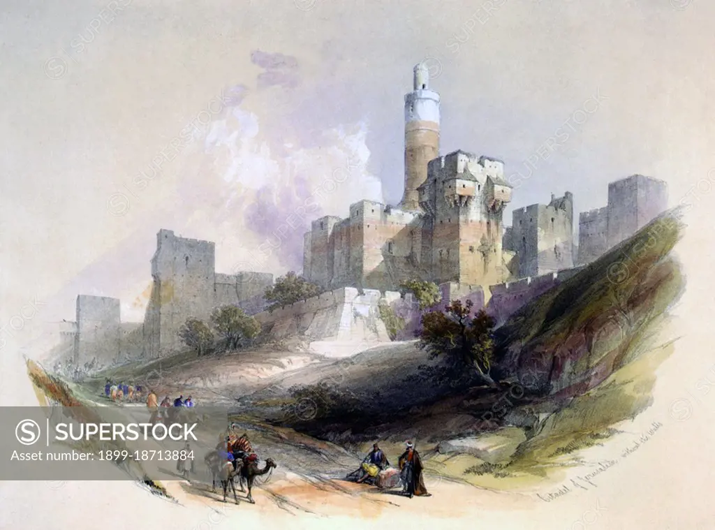 David Roberts RA (1796-1864) was a Scottish painter. He is especially known for a prolific series of detailed prints of Egypt and the Near East that he produced during the 1840s from sketches he made during long tours of the region (1838-1840). This work, and his large oil paintings of similar subjects, made him a prominent Orientalist painter. At the time of Roberts visit to Palestine, the country was briefly under Egyptian rule (1831—41) after Mohammed Ali had seized the Levant (Palestine, Syria, Jordan and Lebanon) from the Turkish Ottoman Empire. The Ottomans administered Palestine from Constantinople from 1516 to 1917.