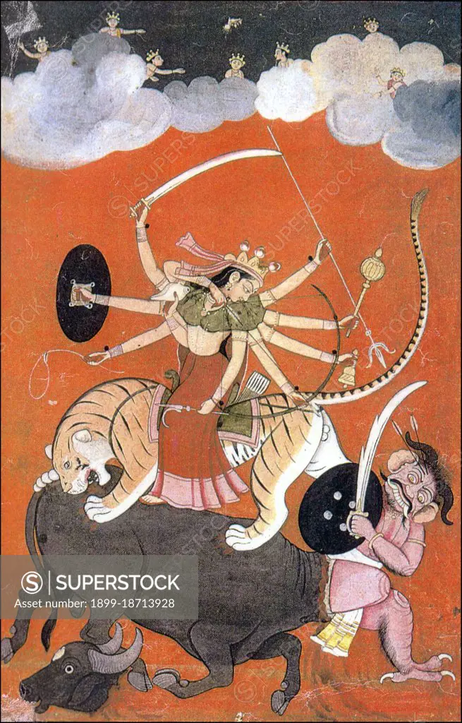 The Goddess Durga, fighting Mahishasura, the buffalo-demon (Hindu Mythology). In the clouds the Devas or celestial beings are seen watching the event. The story is recorded in the Devi Mahatmya and the Devi Bhagavata and is the background for Durgapuja, the annual Hindu festival each autumn. In Hinduism, Durga is a form of Devi, the supremely radiant goddess, depicted as having eight arms, riding a lion or a tiger, carrying weapons and a lotus flower, maintaining a meditative smile, and practicing mudras, or symbolic hand gestures. An embodiment of creative feminine force (Shakti), Durga exists in a state of svatantrya (independence from the universe and anything/anybody else) and fierce compassion. Kali is considered by Hindus to be an aspect of Durga. She is thus considered the fiercer, demon-fighting form of Shiva's wife, goddess Parvati. Durga manifests fearlessness and patience, and never loses her sense of humour, even during spiritual battles of epic proportion. At the Durga Puj