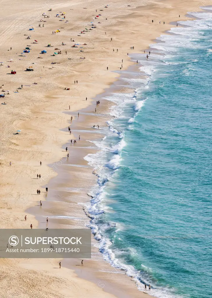 Nazare, Estremadura Province, Portugal. The beach seen from Sitio, one of the three neighborhoods of the town. Sitio overlooks the main town from a height of over 100 meters.