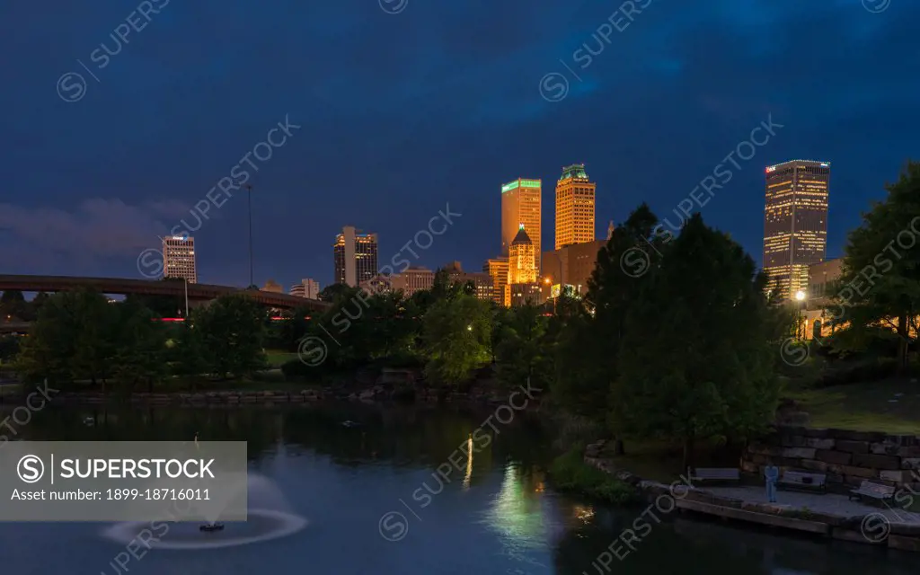 View of Tulsa Skyline at dusk from Centennial Park, Oklahoma.