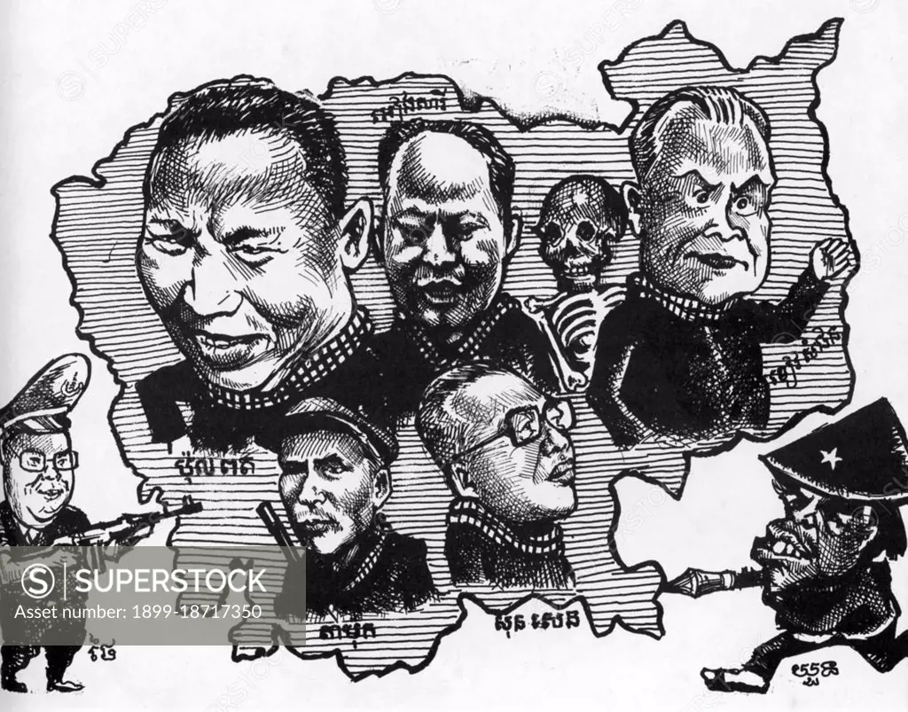 Cartoon from a Khmer newspaper: The surviving Communist Part of Kampuchea leadership in 1994, including (clockwise from left) Pol Pot, Ieng Sary, Khieu Samphan, Ta Mok and Son Sen. External threats included a Neanderthal 'Yuon' (Vietnamese) soldier with an RPG-7 and a rather insipid Thai soldier readily identifiable as General Chavalit Yongchaiyudh. The Khmer Rouge, or Communist Party of Kampuchea, ruled Cambodia from 1975 to 1979, led by Pol Pot, Nuon Chea, Ieng Sary, Son Sen and Khieu Samphan. It is remembered primarily for its brutality and policy of social engineering which resulted in millions of deaths. Its attempts at agricultural reform led to widespread famine, while its insistence on absolute self-sufficiency, even in the supply of medicine, led to the deaths of thousands from treatable diseases (such as malaria). Brutal and arbitrary executions and torture carried out by its cadres against perceived subversive elements, or during purges of its own ranks between 1976 and 1978