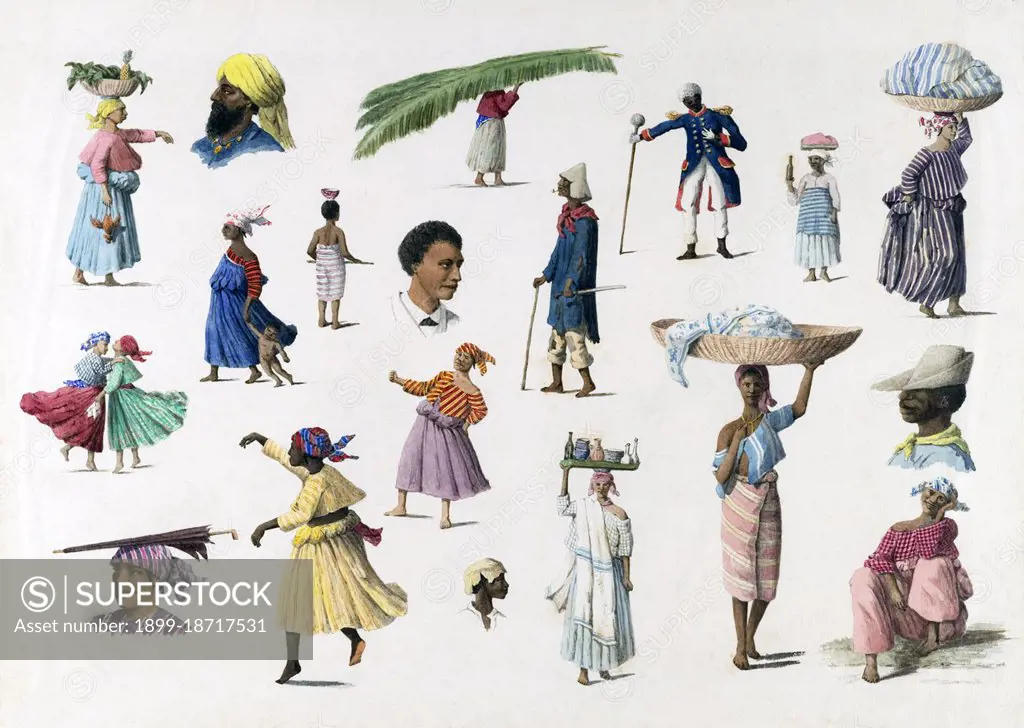 This watercolor by Arnold Borret (1848-88) consists of small sketches of different members of society and their various ethnic backgrounds in the Dutch colony of Suriname in the 1880s. Borret was an accomplished amateur artist who was also a lawyer and a Roman Catholic priest. He studied law at the University of Leiden and practiced in Rotterdam before becoming a clerk, in 1878, to the Supreme Court in Paramaribo. He became a priest in 1883, with the intention of working with lepers in Suriname. He died of typhus in 1888. The smallest country in South America, Suriname's diversity began in the 16th century when French, Spanish and English explorers visited the area. A century later, plantation colonies were established by the Dutch and English along the many rivers in the fertile Guyana plains. Disputes arose as ever between the Dutch and the English. In 1667, the Dutch decided to keep the nascent plantation colony of Suriname from the English, resulting from the Treaty of Breda. The E