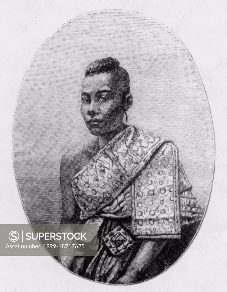 In this drawing, Queen Debsirindra sports the fashionable hairstyle of the Siamese court, shaved at the sides and with a circle around the tuft. In Siam, a lady's hair was often likened to an open lotus flower. Somdet Phra Debsirindra Boroma Rajini (17 July 1834 9 September 1861) was the second consort of King Mongkut (Rama IV), and mother of the future King Chulalongkorn (Rama V). Of ethnic Mon descent, Mom Chao Rampoei was born to Prince Siriwongse and Lady Noi. Rampoei married King Mongkut in 1853, at which time her status was raised to a Phra Ong Chao (i.e. Princess). In the same year she gave birth to Prince Chulalongkorn. She later became Queen Rampoei and had another three children with King Mongkut.