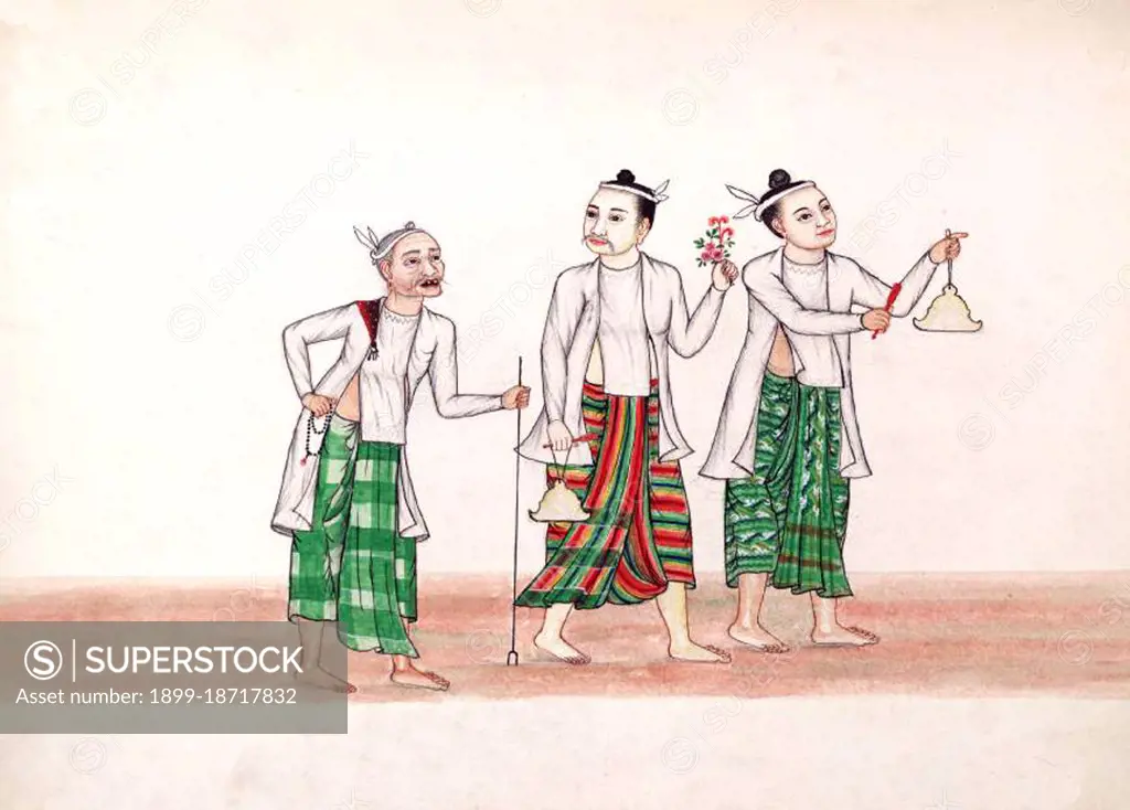 This painting, by an unknown Burmese artist, is from a watercolour sketch album dating from c.1897 that includes illustrations of Buddhist monks, the Buddha, monasteries, cremations and domestic scenes. Legend attributes the first Buddhist doctrine in Burma to 228 BCE when Sohn Uttar Sthavira, one of the royal monks to Emperor Ashoka the Great of India, came to the country with other monks and sacred texts. However, the era of Buddhism truly began in the 11th century after King Anawrahta of Pagan (Bagan) was converted to Theravada Buddhism. Today, 89% of the population of Burma is Theravada Buddhist.