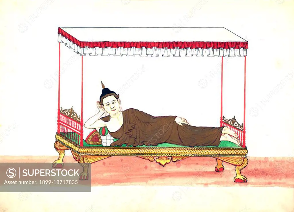 This painting, by an unknown Burmese artist, is from a watercolour sketch album dating from c.1897 that includes illustrations of Buddhist monks, the Buddha, monasteries, cremations and domestic scenes. Legend attributes the first Buddhist doctrine in Burma to 228 BCE when Sohn Uttar Sthavira, one of the royal monks to Emperor Ashoka the Great of India, came to the country with other monks and sacred texts. However, the era of Buddhism truly began in the 11th century after King Anawrahta of Pagan (Bagan) was converted to Theravada Buddhism. Today, 89% of the population of Burma is Theravada Buddhist.