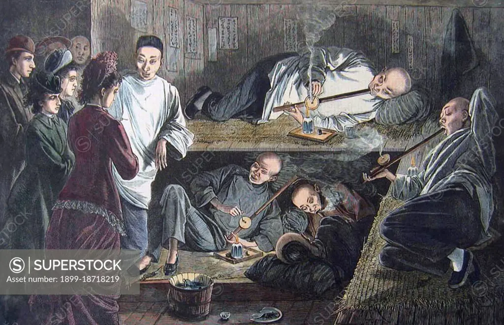 1878 Image of people in an opium den in Chinatown, San Francisco. Hand coloured engraved image titled: 'California - An Evening in the Chinese Quarter of San Francisco - The Chinaman's Paradise, A Favorite Haunt of Opium-Smokers on Kearney Street'.