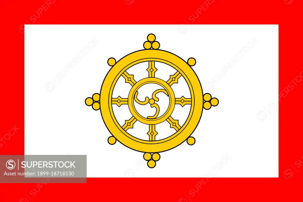 The national flag of Sikkim consisted of a Buddhist khorlo prayer wheel with the gankyil as the central element. Until 1967, the previous flag showed a very complex design with a fanciful border and religious pictograms surrounding the khorlo. A more simple design was adopted in 1967 because of the difficulty in duplication of the complex flag. The border became solid red, the pictograms were removed and the wheel was redesigned. With the annexation of Sikkim to India, and with the abolition of the monarchy, the flag was also abolished.