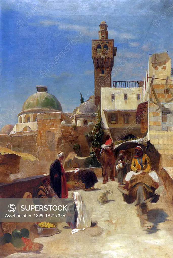 Gustav Bauernfeind (1848-1904) was a German Orientalist painter. After his first visit to Jaffa and Jerusalem in 1880-81, he traveled widely in the Middle East, particularly to the Holy Land and Damascus, eventually settling in Jerusalem where he died in 1904.