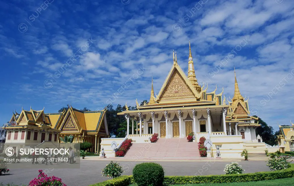 The Royal Palace (Preah Barum Reacha Veang Nei Preah Reacheanachak Kampuchea) and Silver Pagoda, in Phnom Penh, is a complex of buildings which serves as the royal residence of the king of Cambodia. Its full name in the Khmer language is Preah Barom Reachea Veang Chaktomuk. The Kings of Cambodia have occupied it since it was built in the 1860's, with a period of absence when the country came into turmoil during and after the reign of the Khmer Rouge. The palace was constructed after King Norodom relocated the royal capital from Oudong (Udong) to Phnom Penh in the mid-19th century. It was gradually built atop an old citadel called Banteay Kev. It faces towards the East and is situated at the Western bank of the four divisions at the Mekong River called Chaktomuk (an allusion to Brahma, the Hindu god of creation). 