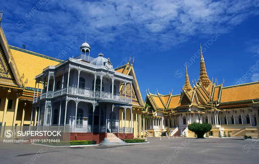 The Royal Palace (Preah Barum Reacha Veang Nei Preah Reacheanachak Kampuchea) and Silver Pagoda, in Phnom Penh, is a complex of buildings which serves as the royal residence of the king of Cambodia. Its full name in the Khmer language is Preah Barom Reachea Veang Chaktomuk. The Kings of Cambodia have occupied it since it was built in the 1860's, with a period of absence when the country came into turmoil during and after the reign of the Khmer Rouge. The palace was constructed after King Norodom relocated the royal capital from Oudong (Udong) to Phnom Penh in the mid-19th century. It was gradually built atop an old citadel called Banteay Kev. It faces towards the East and is situated at the Western bank of the four divisions at the Mekong River called Chaktomuk (an allusion to Brahma, the Hindu god of creation). 