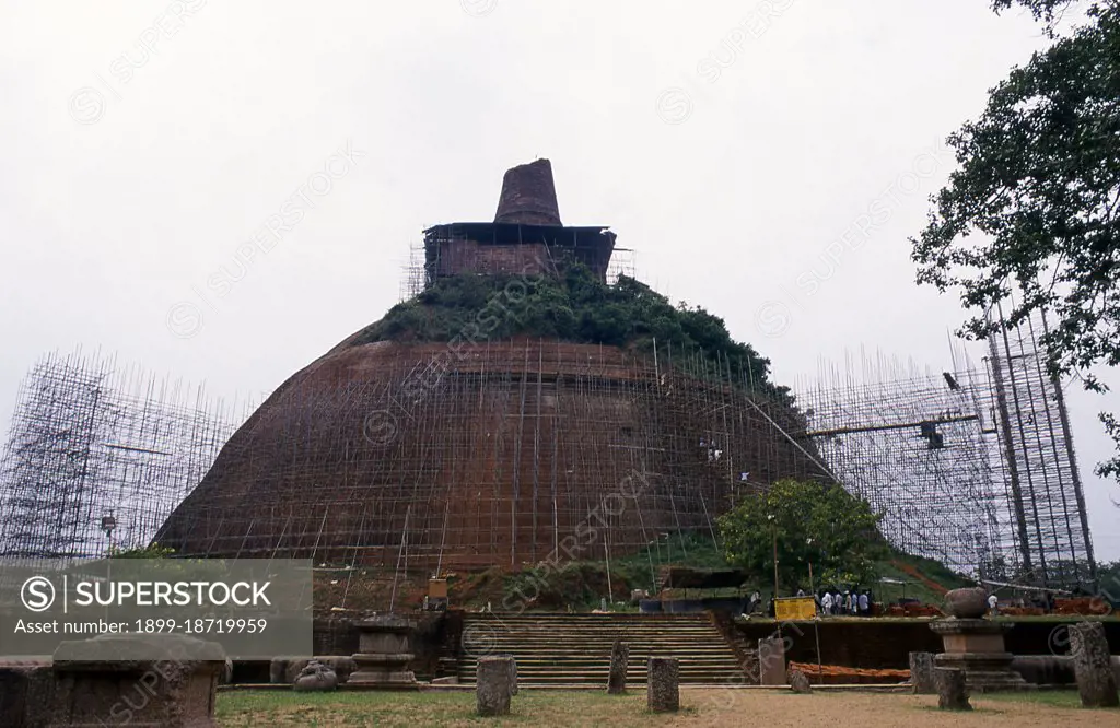 The Jetavanaramaya is a stupa, located in the ruins of Jetavana Monastery. King Mahasena (273-301 CE) initiated the construction of the stupa following the destruction of Mahavihara, his son Maghavanna completed the construction of the stupa. A part of a sash or belt tied by the Buddha is believed to be the relic that is enshrined here. At the time of its completion it was the third highest structure in the world. Anuradhapura is one of Sri Lanka's ancient capitals and famous for its well-preserved ruins. From the 4th century BCE until the beginning of the 11th century CE it was the capital. During this period it remained one of the most stable and durable centers of political power and urban life in South Asia. The ancient city, considered sacred to the Buddhist world, is today surrounded by monasteries covering an area of over sixteen square miles (40 km). 