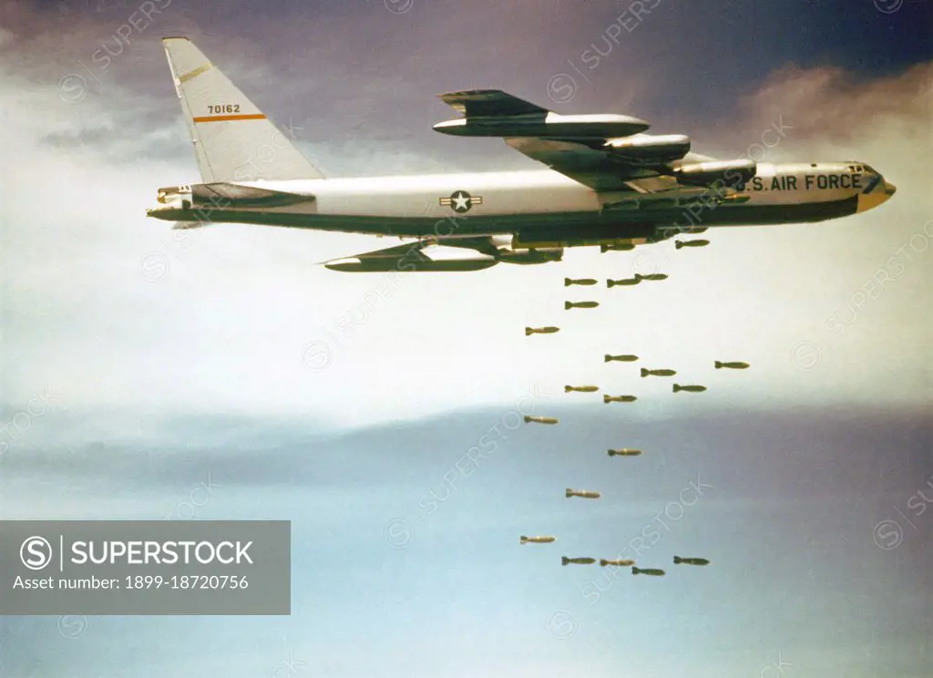 American B52 bombers of USAF Strategic Air Command unleashing its bomb load over Vietnam. B52s flying out of Guam and Thailand were used in Arclight operations across South Vietnam and in opertations against the North such as Linebacker 1 and Linebacker 2. They caused immense damage and loss of life.