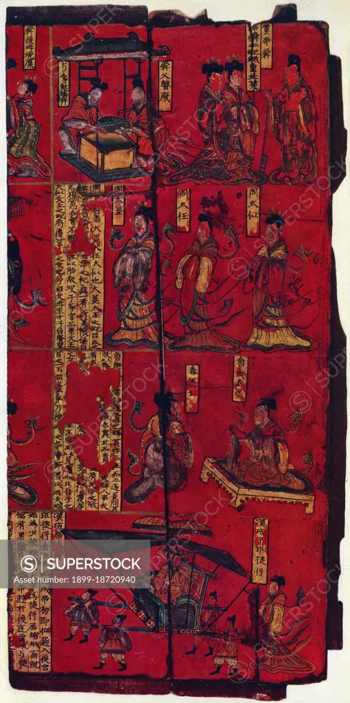 Lacquer painting on wood from Datong dated to the Northern Wei dynasty (386-534). The bottom panel illustrates the story of Lady Ban from the 'Admonitions of the Court Instructress' to palace women.