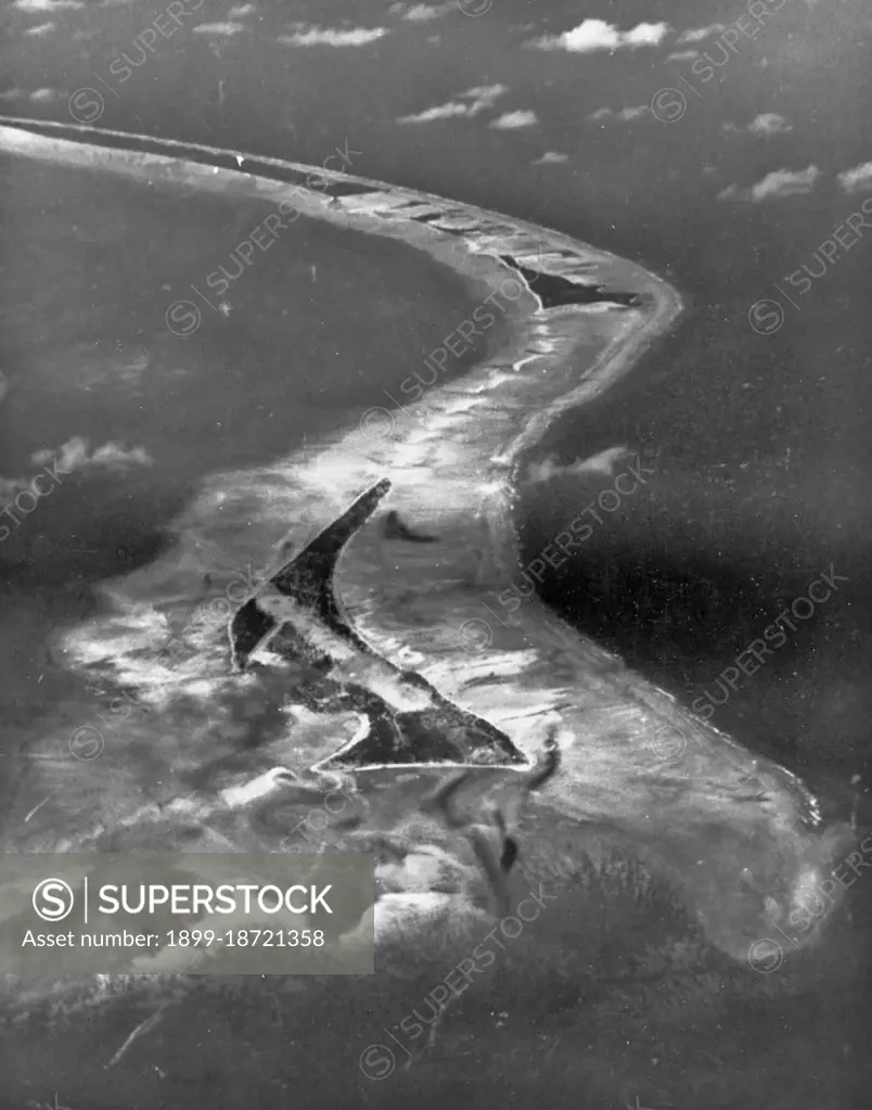 An aerial photograph of the south side of Tarawa Atoll during World War II circa September 9, 1943.