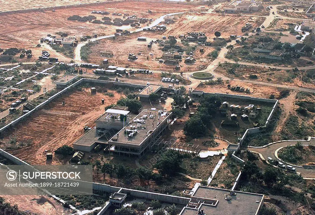 1992 - Aerial view of the left side of the US Embassy compound in Mogadishu, Somalia.  The Joint Task Force Headquarters for Restore Hope is located there. 