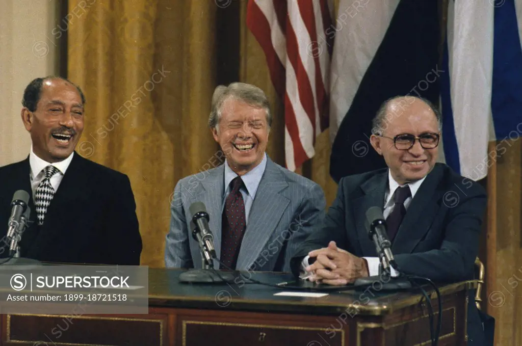 Anwar Sadat, Jimmy Carter and Menahem Begin at the Camp David Accords Signing Ceremony. circa  09/17/1978.