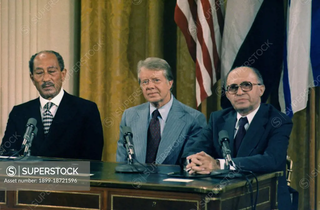 Anwar Sadat, Jimmy Carter and Menachem Begin at the Camp David Accords Signing Ceremony. circa  09/17/1978.