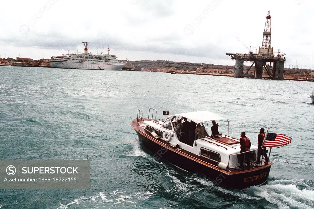 1989 -A 33-foot personnel boat carries President George Bush across the bay toward the Soviet passenger liner MAXSIM GORKIY for a meeting with Soviet Chairman Mikhail Gorbachev. . 