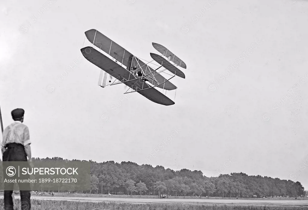 Wright Brothers airplane in flight at Fort Myer Virginia circa 1909. 