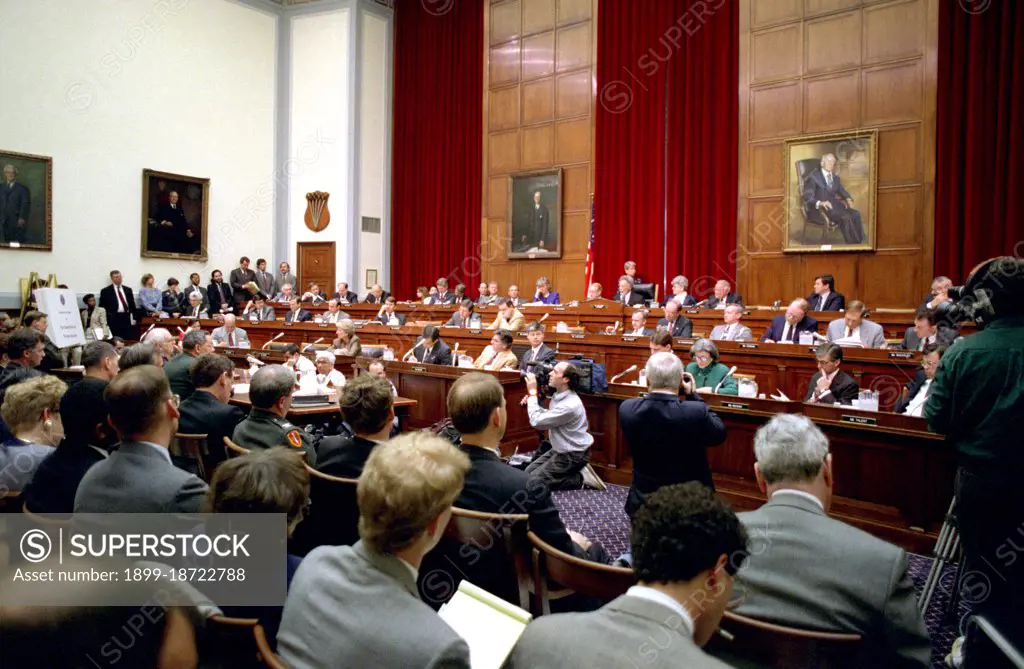 Members of the House Armed Service Committee hear testimony from U.S. Secretary of Defense Les Aspin and U.S. Army General Colin Powell, Chairman of the Joint Chiefs of Staff.