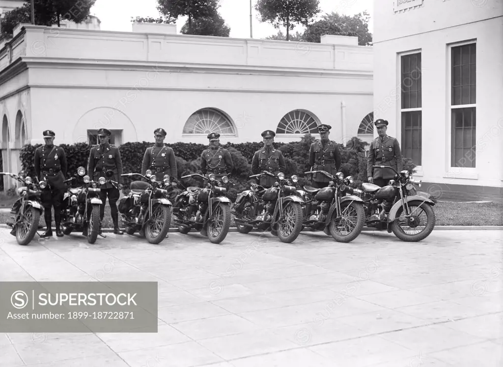 Police motorcycles outside White House, Washington, D.C. circa 1930. 