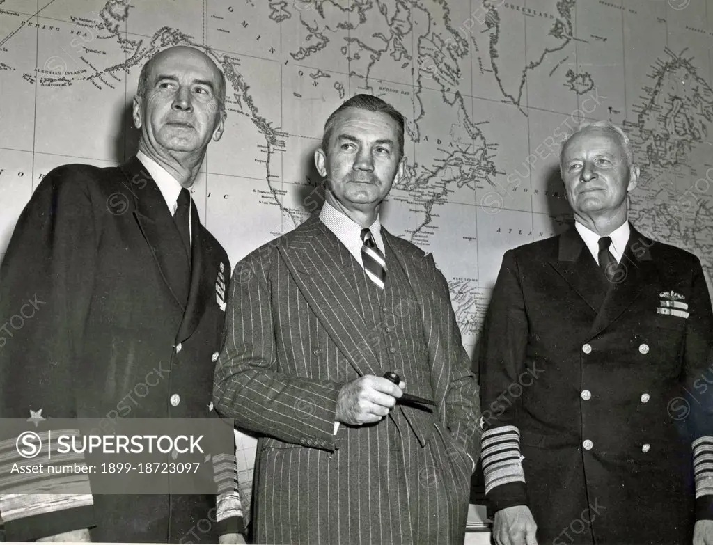 (Chief of Naval Operations) - CNO announcement - Admrial King, Secretary Forrestal, and Admiral Nimitz.