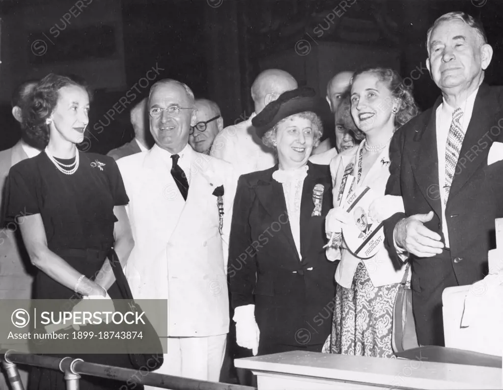 The Presidential and Vice-Presidential nominees of the Democratic Party pose with members of their families during the Democratic National Convention; (l-r) Mrs Max Truit, daughter of Senator Barkley; President Harry S Truman; Mrs Bess Truman; Margaret Truman and the Vice-Presidential Nominee Senator Alben W Barkley, Philadelphia, PA, 7/15/1948.