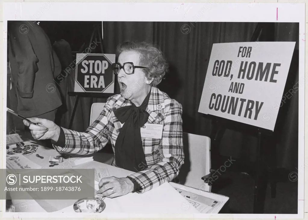 Anti-Equal Rights Amendment booth at the First National Women's Conference, Houston, TX, 11/1977.