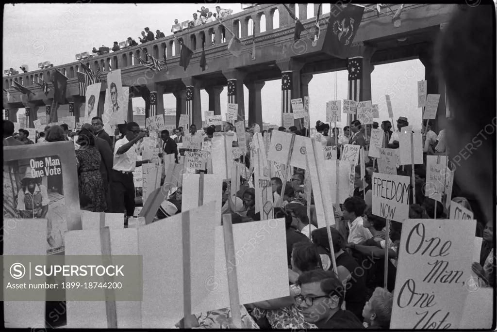 African American and white Mississippi Freedom Democratic Party supporters demonstrating outside the 1964 Democratic National Convention, Atlantic City, New Jersey; some hold signs with portraits of slain civil rights workers Andrew Goodman and Michael Schwerner. August 24, 1964. Warren K. Leffler, photographer. 