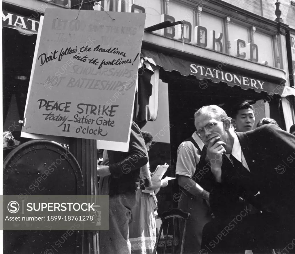 University of California, April 19, 1940 - An estimated million students in the United States participated in the 1940 annual April Peace Strike. At the University of California, students gathered to listen to speeches under signs that read, 'Let God Save the King.'