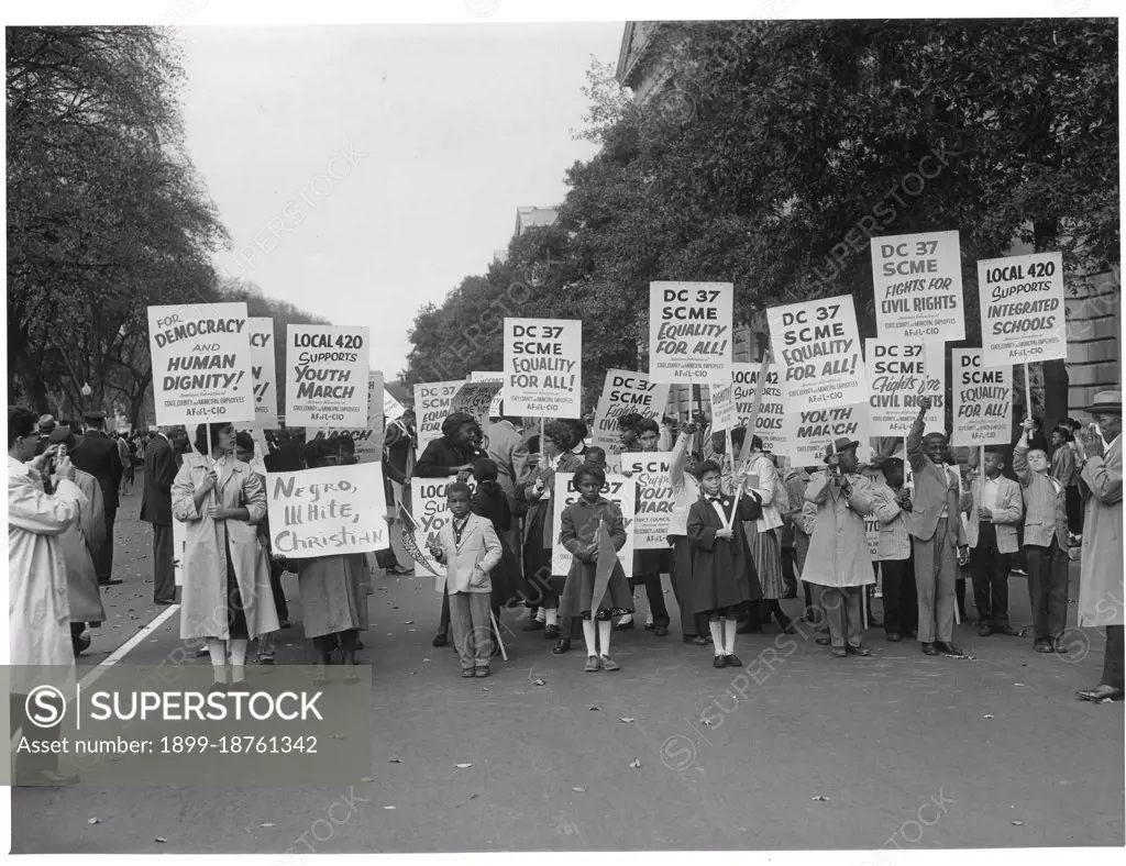 Photograph of African-American children and parents demonstrating at the Lincoln Memorial Youth March for Integrated Schools, Washington, DC, 10/25/1958. Photo by National Park Service/GG Vintage Images