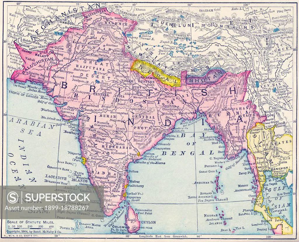 This map was produced at the height of British Imperial power and shows direct British rule extending all the way from Iran (Persia) to Thailand (Siam). Most of the contiguous Indian Ocean littoral, from South Africa to Singapore and Australia, was also under British administration or de facto control. It is relevant to note that the map shows Sikkim extending north into the present-day territory of China's Tibetan Autonomous Region. Similarly Darjeeling is shown in eastern Nepal, while Bhutan is elongated to the east and most of India's Arunachal Pradesh province is shown as part of the Qing Empire. In Kashmir, by contrast, the disputed Aksai Chin region, now under Chinese control, is shown as part of India.