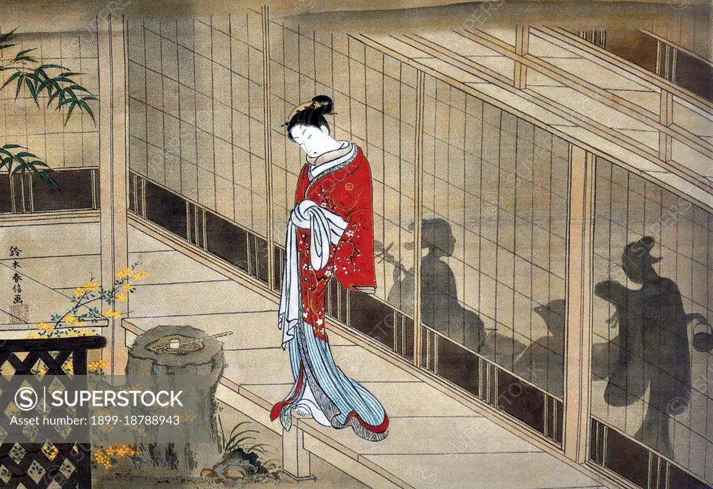 Suzuki Harunobu (1724 July 7, 1770) was a Japanese woodblock print artist, one of the most famous in the Ukiyo-e style. He was an innovator, the first to produce full-color prints (nishiki-e) in 1765, rendering obsolete the former modes of two- and three-color prints. Harunobu used many special techniques, and depicted a wide variety of subjects, from classical poems to contemporary beauties (bijin, bijin-ga). Like many artists of his day, Harunobu also produced a number of shunga, or erotic images. During his lifetime and shortly afterwards, many artists imitated his style. A few, such as Harushige, even boasted of their ability to forge the work of the great master. Much about Harunobu's life is unknown.