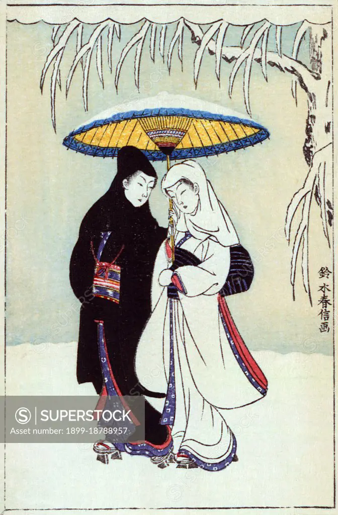 Suzuki Harunobu (1724 July 7, 1770) was a Japanese woodblock print artist, one of the most famous in the Ukiyo-e style. He was an innovator, the first to produce full-color prints (nishiki-e) in 1765, rendering obsolete the former modes of two- and three-color prints. Harunobu used many special techniques, and depicted a wide variety of subjects, from classical poems to contemporary beauties (bijin, bijin-ga). Like many artists of his day, Harunobu also produced a number of shunga, or erotic images. During his lifetime and shortly afterwards, many artists imitated his style. A few, such as Harushige, even boasted of their ability to forge the work of the great master. Much about Harunobu's life is unknown.