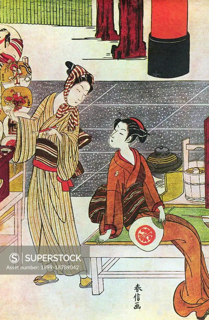 Suzuki Harunobu (1724 July 7, 1770) was a Japanese woodblock print artist, one of the most famous in the Ukiyo-e style. He was an innovator, the first to produce full-color prints (nishiki-e) in 1765, rendering obsolete the former modes of two- and three-color prints. Harunobu used many special techniques, and depicted a wide variety of subjects, from classical poems to contemporary beauties (bijin, bijin-ga). Like many artists of his day, Harunobu also produced a number of shunga, or erotic images. During his lifetime and shortly afterwards, many artists imitated his style. A few, such as Harushige, even boasted of their ability to forge the work of the great master. Much about Harunobu's life is unknown.