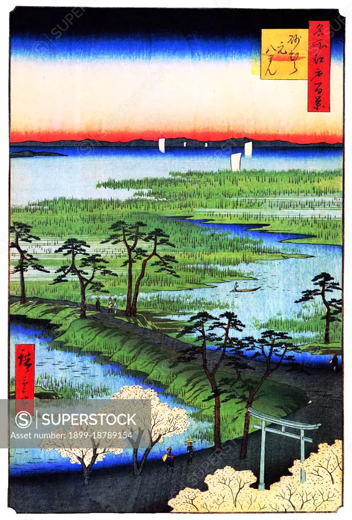 Hiroshige's One Hundred Famous Views of Edo, actually composed of 118 woodblock landscape and genre scenes of mid-19th century Tokyo, is one of the greatest achievements of Japanese art. The series includes many of Hiroshige's most famous prints. It represents a celebration of the style and world of Japan's finest cultural flowering at the end of the Tokugawa Shogunate. The series opens with spring. Scenes 1 though 42 represent the First to the Third Months, which are considered in Japan to be the spring season. Typically, early spring is marked by the festivities celebrated at the New Year, which begins the season. Blossoming plum trees are associated with the middle of spring, signifying the end of the cold weather and the beginning of the warm season. Utagawa Hiroshige (1797 October 12, 1858) was a Japanese ukiyo-e artist, and one of the last great artists in that tradition. He was also referred to as Andi Hiroshige (an irregular combination of family name and art name) and by the a