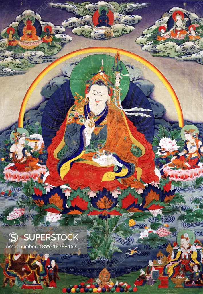 Padmasambhava, (Sanskrit Padmakara; Tibetan Pemajungne; Chinese Lianhuashang) or 'Lotus Born', was a guru from Oddiyana (modern Swat) who is said to have transmitted Vajrayana Buddhism to Bhutan and Tibet and neighbouring countries in the 8th century. In those lands he is better known as Guru Rinpoche ('Precious Guru') or Lopon Rinpoche, or, simply, Padum in Tibet, where followers of the Nyingma school regard him as the second Buddha. His Pureland Paradise is Zangdok Palri (the Copper-coloured Mountain). He is further considered an emanation of Buddha Amitabha and traditionally even venerated as a second Buddha. He was born into a Brahmin family of Northwest India.