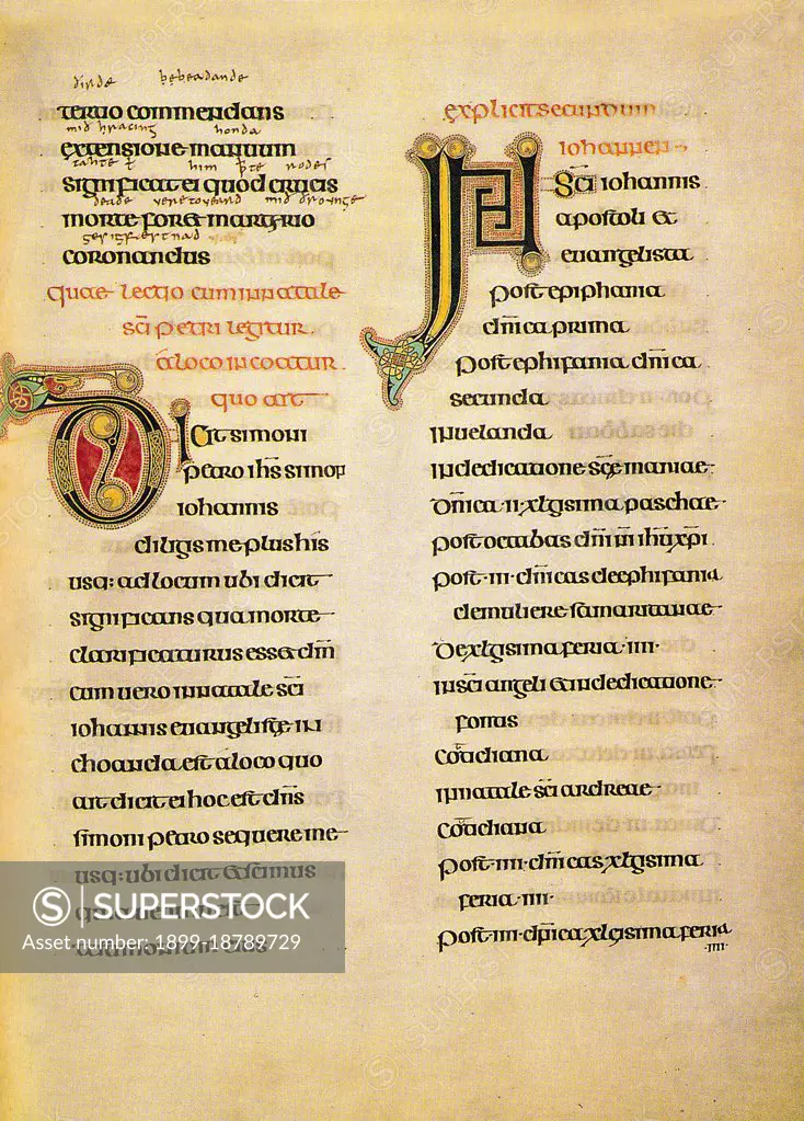 The Lindisfarne Gospels is an illuminated manuscript gospel book produced around the year 700 CE in a monastery on Lindisfarne Island, off the coast of Northumberland. It is now on display in the British Library in London. The manuscript is one of the finest works in the unique style of Hiberno-Saxon or Insular art, combining Mediterranean, Anglo-Saxon and Celtic elements. The Lindisfarne Gospels are presumed to be the work of a monk named Eadfrith, who became Bishop of Lindisfarne in 698 and died in 721. Current scholarship indicates a date around 715, and it is believed they were produced in honour of St. Cuthbert. However, it is also possible that Eadfrith produced them prior to 698, in order to commemorate the elevation of Cuthbert's relics in that year, which is also thought to have been the occasion for which the St Cuthbert Gospel was produced. The Gospels are richly illustrated in the insular style, and were originally encased in a fine leather binding covered with jewels and m