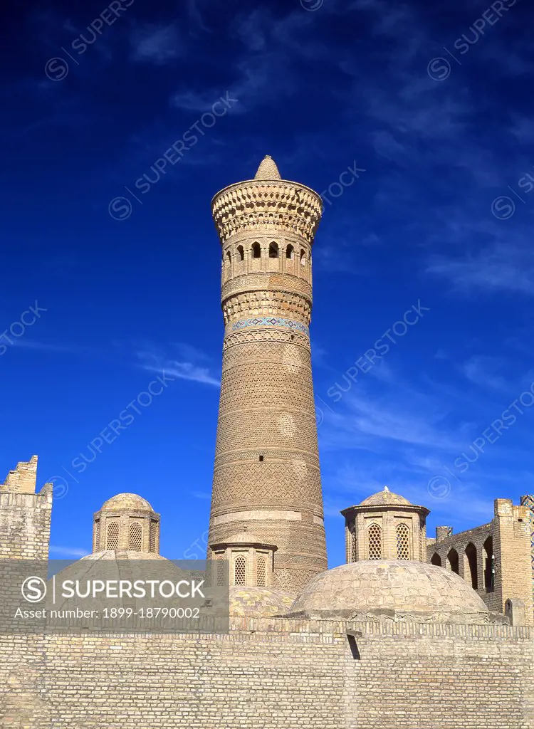 The Kalyan Mosque is Bukhara's congregational mosque or Friday Mosque. It was built in the 16th century on the site of an older mosque destroyed by Genghis Khan. The Kalyan minaret or Minara-i Kalan (Pesian/Tajik for the 'Grand Minaret') is part of the Po-i-Kalyan mosque complex and was designed by Bako and built by the Qarakhanid ruler Arslan Khan in 1127. The minaret is made in the form of a circular-pillar brick tower, narrowing upwards, with a diameter of 9m (30ft) at the bottom, 6m (20ft) at the top and a height of 46m (150ft) high. The Kalyan Minaret is also known as the 'Tower of Death', as for centuries criminals were executed by being tossed off the top. Bukhara was founded in 500 BCE in the area now called the Ark. However, the Bukhara oasis had been inhabitated long before. The city has been one of the main centres of Persian civilization from its early days in 6th century BCE. From the 6th century CE, Turkic speakers gradually moved in. Bukhara's architecture and archaeolog