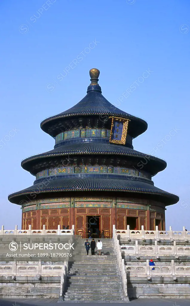 Construction on the Temple of Heaven began in 1406 during the reign of Emperor Yongle (r. 1402-1424) and took 14 years to complete. The complex contains three main buildings where the emperor, as the 'Son of Heaven', went during the winter solstice to offer prayers and sacrifices for a good harvest. The emperor spent the night before the ceremony fasting in the Hall of Abstinence. The Hall of Prayer for Good Harvests in the north stands 39 m tall and is supported by 28 wooden pillars covered with three conical roofs, all covered with blue glazed tiles. The last person to use the hall was Yuan Shi-kai, president of the new republic, who had imperial ambitions and who offered imperial sacrifices on the winter solstice in 1914. The Hall of the Imperial Vault of Heaven, in the centre, stored the ceremonial tablets used in rituals. Echo Wall, a circular brick wall surrounding the Imperial Vault, has the acoustical ability to enable two people standing at opposite points to hear each other w