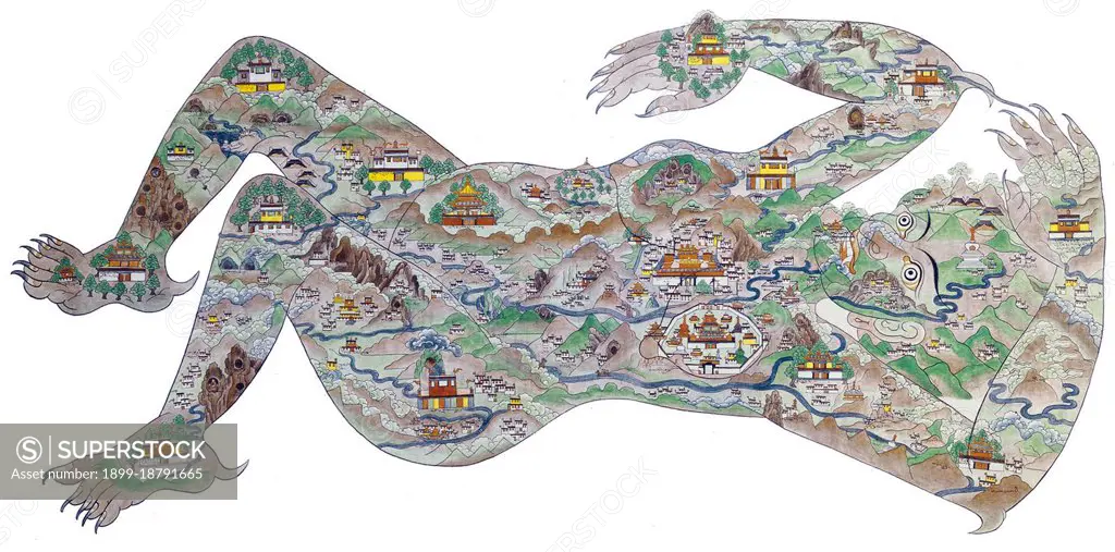 Fanciful map of Tibet in the form of a female demon, showing major monasteries and rivers and including Amdo and Kham to the north and east (right), areas now incorporated within Sichuan, Gansu and Qinghai.