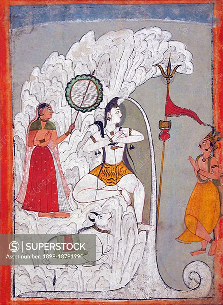 Shiva bearing the descent of the Ganges River as Parvati and Bhagiratha and the bull Nandi look on, folio from a Hindi manuscript by the saint Narayan, circa 1740. Told and retold in the Ramayana, the Mahabharata and several Puranas, the story begins with a sage, Kapila, whose intense meditation has been disturbed by the sixty thousand sons of King Sagara. Livid at being disturbed, Kapila sears them with his angry gaze, reduces them to ashes, and dispatches them to the netherworld. Only the waters of the Ganga, then in heaven, can bring the dead sons their salvation. A descendant of these sons, King Bhagiratha, anxious to restore his ancestors, undertakes rigorous penance and is eventually granted the prize of Ganga's descent from heaven. However, since her turbulent force will also shatter the earth, Bhagiratha persuades Shiva in his abode on Mount Kailash to receive Ganga in the coils of his tangled hair and break her fall. Ganga descends, is tamed in Shiva's locks, and arrives in th