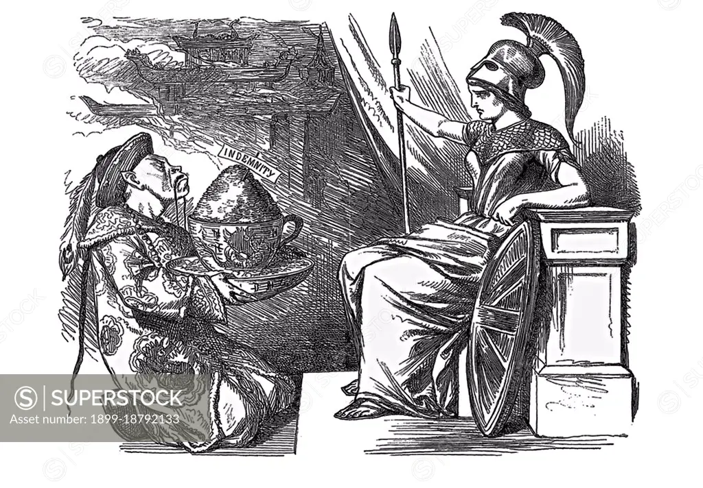 The Real Barbarian', by Edward Linley Sambourne, Illustrated London News, 5 January, 1861. Several documents known as the 'Treaty of Tien-tsin' were signed in Tianjin (Tientsin) in June 1858, ending the first part of the Second Opium War (1856-1860). The Second French Empire, United Kingdom, Russian Empire, and the United States were the parties involved. These treaties opened more Chinese ports (see Treaty of Nanking) to the foreigners, permitted foreign legations in the Chinese capital Beijing, allow Christian missionary activity, and legalized the import of opium. In addition, China was to pay an indemnity to Britain and France of 2 million taels of silver respectively, and compensation to British merchants of 3 million taels of silver. The treaty was ratified by the Emperor of China in the Convention of Peking in 1860, after the end of the war.