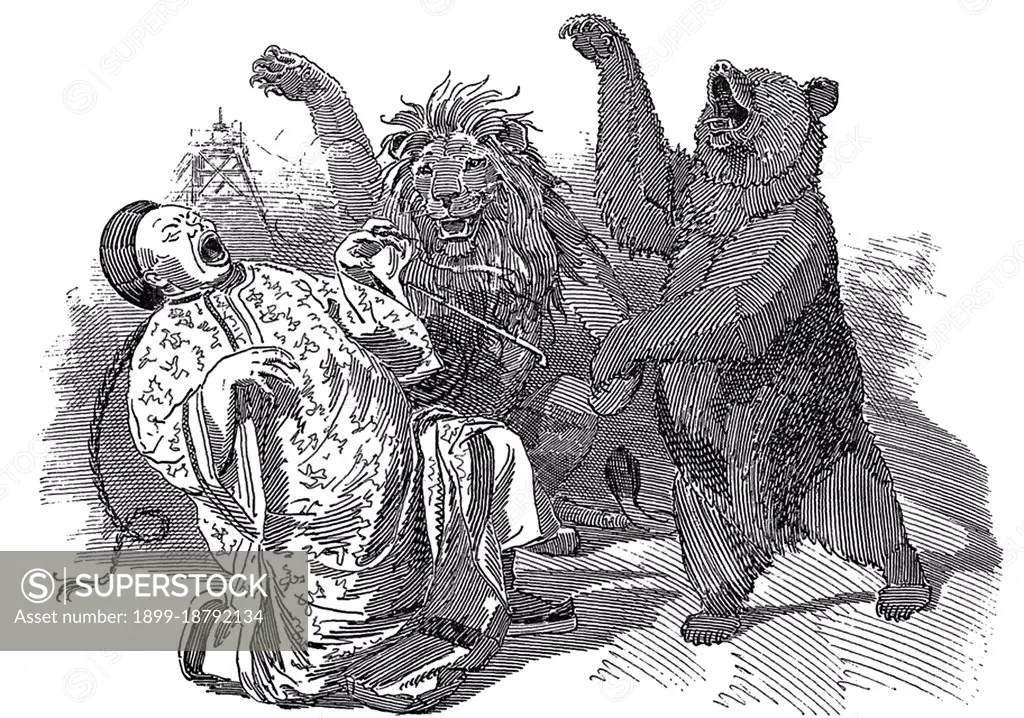 The Open Mouth', by Edward Linley Sambourne, Illustrated London News, 10 May, 1859: British Lion: 'It's alright, Johnny Chinaman. We've come to a perfectly friendly arrangement'. Russian Bear (pleasantly): 'We're going to invade you'. Several documents known as the 'Treaty of Tien-tsin' were signed in Tianjin (Tientsin) in June 1858, ending the first part of the Second Opium War (1856-1860). The Second French Empire, United Kingdom, Russian Empire, and the United States were the parties involved. These treaties opened more Chinese ports (see Treaty of Nanking) to the foreigners, permitted foreign legations in the Chinese capital Beijing, allow Christian missionary activity, and legalized the import of opium. The treaty was ratified by the Emperor of China in the Convention of Peking in 1860, after the end of the war.