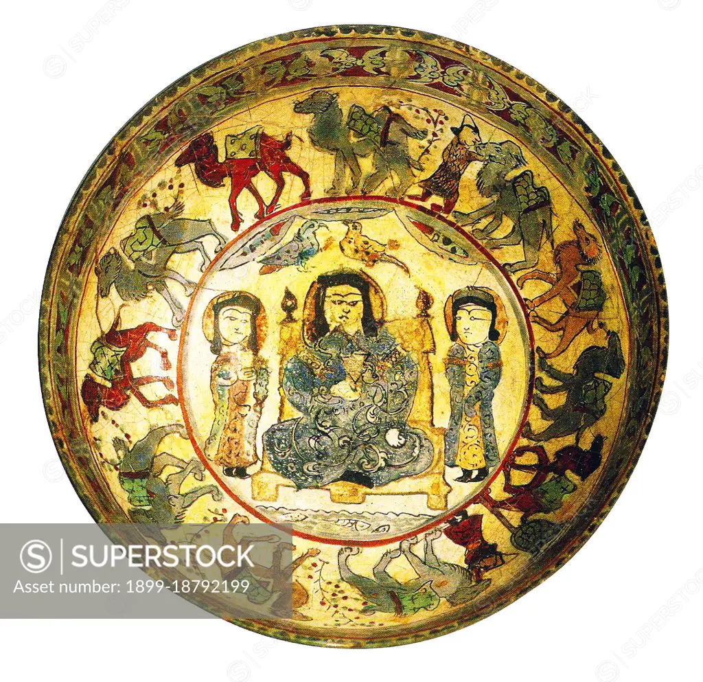 Dating from the late Khwarazm-Shah Dynasty (1077-1231), the centre of the tray depicts a Persian - presumably Khwarezmid - ruler with two female attendants. Around the rim a Silk Road caravan marches, comprising two-humped Bactrian camels and Persian merchants in pointed, Sogdian-style hats. Rey, Ray or sometimes Rayy was an important town on the Persian section of the Silk Road.