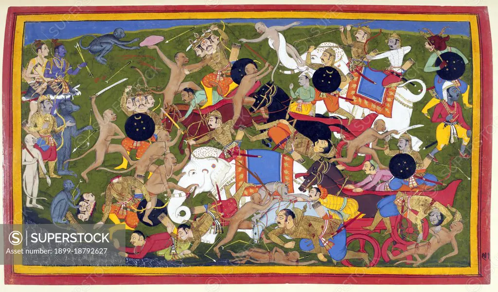 A scene from the Ramayana, an ancient Sanskrit epic. Depicted here are several stages of the War of Lanka, with the monkey army of the protagonist Rama (top left, blue figure) fighting the demon army of the king of Lanka, Ravana, to save Rama's kidnapped wife Sita. The three-headed figure of the demon general Trisiras occurs in several places - most dramatically at the bottom left, where he is shown beheaded by Hanuman. Sahibdin (fl. 17th century) was an Indian miniature painter of the Mewar school of Rajasthan painting. He was one of the dominant painters of the era, and one of the few whose name is still known today. Sahibdin was a Muslim, but that kept neither his Hindu patrons from employing him, nor him from composing Hindu-themed works of great value. Among his surviving works are a series of musically themed 'ragamala' from 1628; a series on the scriptural text Bhagavata Purana from 1648; and illustrations to the sixth book of the Hindu epic Ramayana - the Yuddha Kanda - from 16