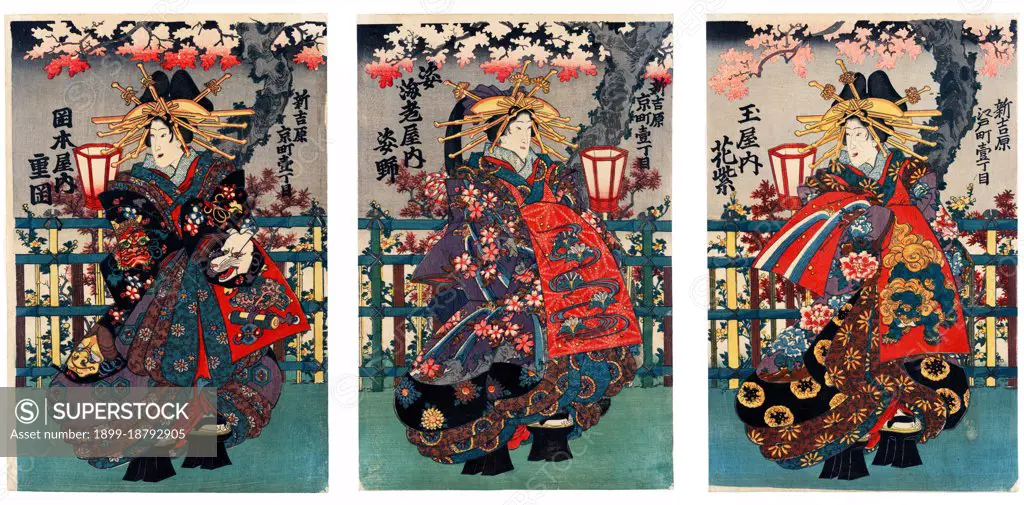 Oiran () were the courtesans of Edo period Japan. The oiran were considered a type of yujo () 'woman of pleasure' or prostitute. However, they were distinguished from the yujo in that they were entertainers, and many became celebrities of their times outside the pleasure districts. Their art and fashions often set trends among the wealthy and, because of this, cultural aspects of oiran traditions continue to be preserved to this day. The oiran arose in the Edo period (1600-1868). At this time, laws were passed restricting brothels to walled districts set some distance from the city center. In the major cities these were the Shimabara in Kyoto, the Shinmachi in Osaka, and the Yoshiwara in Edo (present-day Tokyo). These rapidly grew into large, self-contained 'pleasure quarters' offering all manner of entertainments. Within, a courtesan’s birth rank held no distinction, which was fortunate considering many of the courtesans originated as the daughters of impoverished families who wer