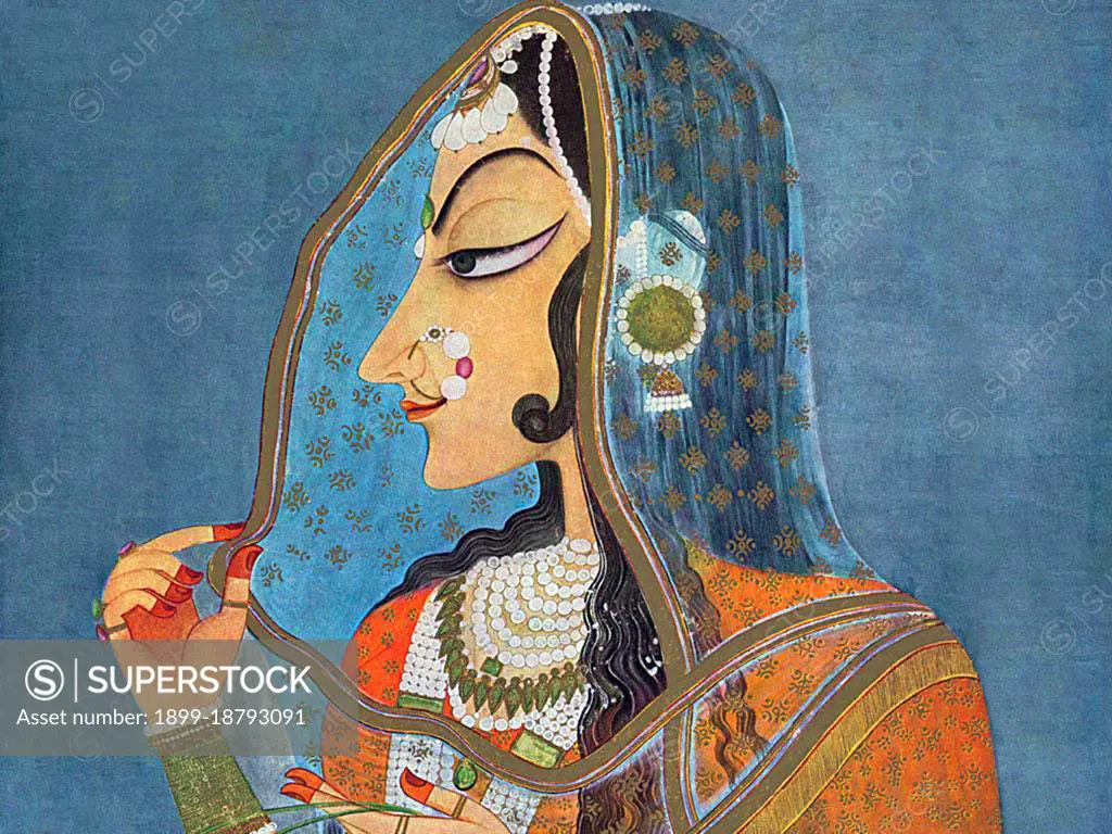 Kishangarh Painting emerged as a distinctive style in the middle of 18th century under the patronage of Maharaja Sawant Singh. Nihal Chand, a gifted artist in the Maharaja's court, produced some highly individualistic and sophisticated works. The chief characteristics of the Kishengarh paintings were the elongation of human faces, lavish use of green and depiction of panoramic landscapes. Portrayal of Radha and Krishna in elongated faces is a common subject of Kishangarh paintings. The elongated neck, the long stylised eyes with drooping eyelids, the thin lips and pointed chin of Radha standing in a graceful pose with her head covered with a muslin odhni, is undoubtedly the most striking creation of the Kishangarh school. This style continued into the 19th century and a series of paintings of the Gita Govinda were produced in 1820. The most famous Kishangarh painting is called Bani Thani. The Indian government has used it on a postal stamp. The Bani Thani style of painting got its name